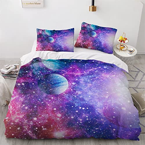 Weltraum-Galaxie Kinder Bettwäsche-Sets 135x200 3d Druck 2-teilig Bettwäsche 100% Mikrofaser Weiche mit Reißverschlus Blauer Und Violetter Sternenhimmel Soft Kuschelig Bettbezüge mit Kissenbezug 80x80 von JIARAO