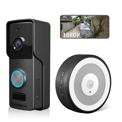 JIGATONEDA Video Türklingel WLAN Kabellose Video Doorbell Akku mit 1080p Kamera, Smarte Türklingel Chime mit Zwei-Wege-Audio, 130° Ultraweitwinkel Nachtsicht, KI-Erkennung IP65 Wasserdicht, TF/Cloud von JIGATONEDA