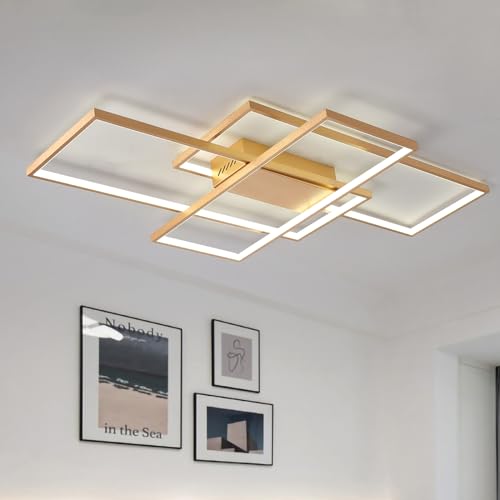 JIINOO Dimmbare Deckenleuchte, 110cm Bündig Montierte Deckenleuchte Fernbedienung Moderner Kronleuchter, 70W Quadratisches Acryl in der Nähe der Deckenleuchte für Schlafzimmer Wohnzimmer, Gold von JIINOO