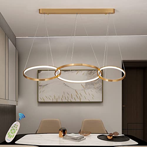 JINWELL LED Pendelleuchte Moderne Esstisch Kronleuchter Höhenverstellbar Hängeleuchte Wohnzimmerlampe Dimmbar Mit Fernbedienung Aluminium Ringe Pendellampe Cafe Restaurant Deckenleuchte,3 rings 75W von JINWELL