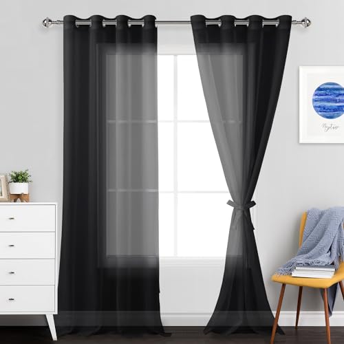 JIUZHEN Sheer Voile Vorhang Semi Transparente Gardine Schals für Wohnzimmer Schlafzimmer, 2er Set, 280x140cm(HxB), Schwarz von JIUZHEN