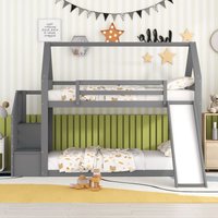 Kinderbett mit Handlauf, Etagenbett mit Stauraumleiter und Rutsche für Kinder und Jugendliche 90x200 cm - Grau von JN.SONGS