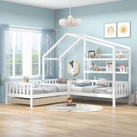 Massivholz Kinderbett, Hausbett mit Schubladen und Regalen - Weiß (90x200 cm + 140x70 cm) von JN.SONGS