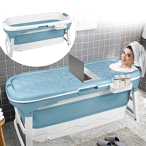 JOIEYOU Faltbare Badewanne Erwachsene, XL Foldable Bathtub Mobile Tragbare Badewanne Sitzbadewanne, Klappbadewanne mit Abnehmbare Abdeckung und Badewannenablage, Blau (128 x 62 x 53 cm) von JOIEYOU