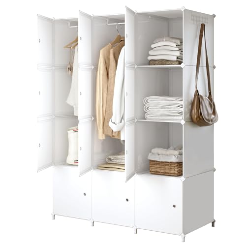 JOISCOPE DIY tragbarer Kleiderschrank, platzsparender modularer Kunststoffschrank mit Türen mit Hängestange, idealer Bücheraufbewahrungsschrank, Wohnzimmer, Schlafzimmer, Kinderzimmer, 12 Würfel von JOISCOPE