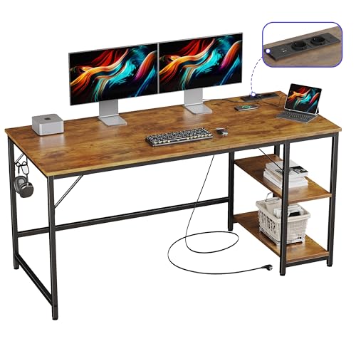 JOISCOPE Ergonomischer Home-Office Schreibtisch mit USB & Type-C Anschluss, 152x60 cm, Eiche Vintage Optik, Multifunktionaler Computertisch für Gaming und Studium, mit Regal von JOISCOPE