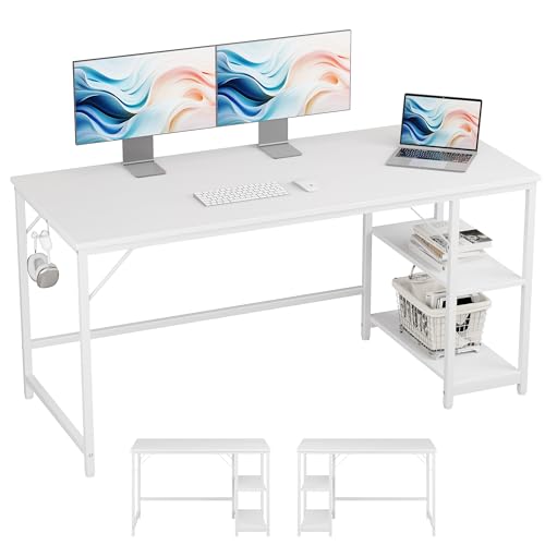 JOISCOPE Schreibtisch, Computertisch, Schreibtisch, Arbeitstisch, Gaming-Schreibtisch mit Kopfhörerhaken, 2 Regale, 152x60cm, weißer Tisch von JOISCOPE