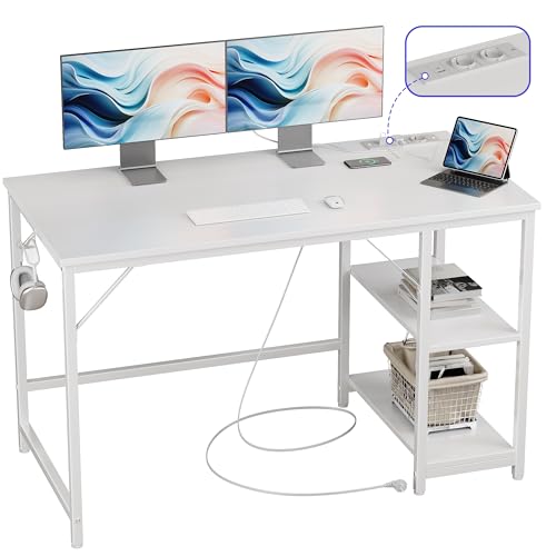 JOISCOPE Ergonomischer Home-Office Schreibtisch mit USB & Type-C Anschluss, 120x60 cm, Weiß Optik, Multifunktionaler Computertisch für Gaming und Studium, mit Regal von JOISCOPE