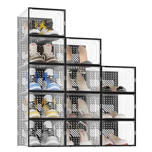 JOISCOPE Schuhaufbewahrungsboxen, 12 Stück durchsichtige & stapelbare Kunststoff-Schuhboxen mit magnetischer Tür, Traineraufbewahrung mit Deckel für Damen/Herren, Transparent Schwarz von JOISCOPE