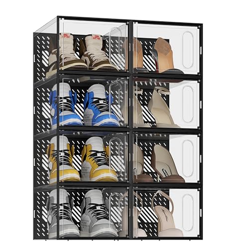 JOISCOPE Schuhaufbewahrungsboxen, 8 Stück durchsichtige & stapelbare Kunststoff-Schuhboxen mit magnetischer Tür, Traineraufbewahrung mit Deckel für Damen/Herren, Transparent Schwarz von JOISCOPE