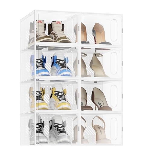 JOISCOPE Schuhaufbewahrungsboxen, 8 Stück klare & stapelbare Kunststoff-Schuhboxen mit magnetischer Tür, Trainer-Aufbewahrung mit Deckel für Damen/Herren, transparent weiß von JOISCOPE