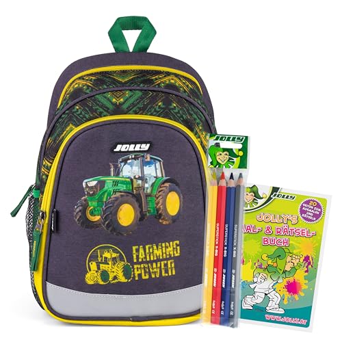 JOLLY Kindergartenrucksack, 6-teilig, verstellbarer Brustgurt, Sicherheitsstreifen, inkl. Buntstifte und Malbuch, geräumiges Hauptfach, Tragegriff, Netztaschen für Trinkflasche von JOLLY