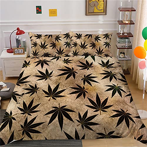 JOMAKE Bettwäsche 200x200 Khaki Schwarz 3D Bettbezug Set, Winter Weiche Mikrofaser Bettwaren,Marihuana-Blatt Bettwäsche Set für 1 x Bettbezüge et 2 x Kissenbezüge 80x80 von JOMAKE