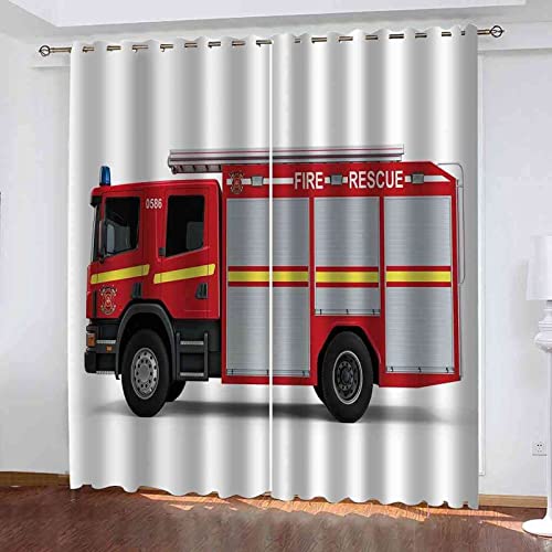 JOMAKE Gardinen Wohnzimmer Rot, 3D Vorhänge Modern Verdunkelungsvorhänge 2er Set, Feuerwehrauto Vorhang Blickdicht mit Ösen Gardine Schlafzimmer Deko 2 x 110 x 215 cm（B X H） von JOMAKE