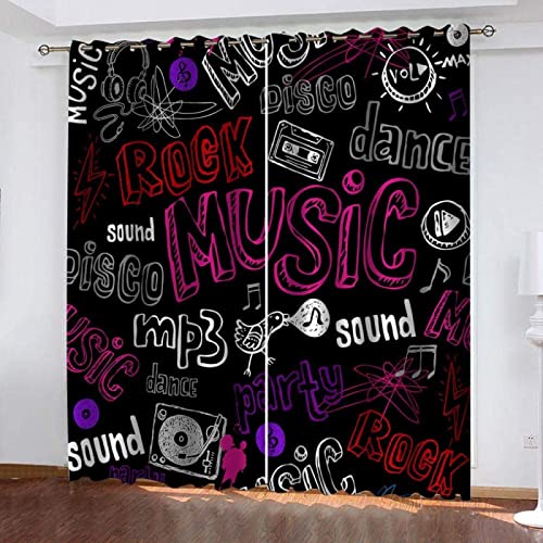 JOMAKE Vorhänge Hip Hop, 3D Gardinen Wohnzimmer Drucken Verdunkelungsvorhänge 2er Set, Musiknote Vorhang Blickdicht mit Ösen Gardine Schlafzimmer Deko 2 x 60 x 150 cm（B X H） von JOMAKE