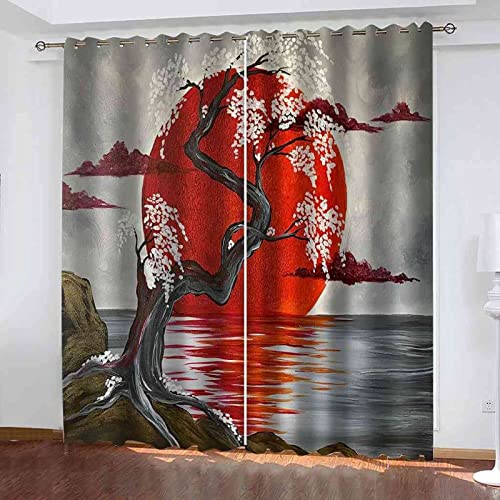 Japanische Rote Sonnenkirschblüte Vorhang Blickdicht 3D Drucken Vorhänge Wärmeisolierend Gardinen Wohnzimmer 2er Set, Verdunkelungsvorhänge mit Ösen Schlafzimmer Deko Gardine 2 x 60 x 150 cm（B X H） von JOMAKE