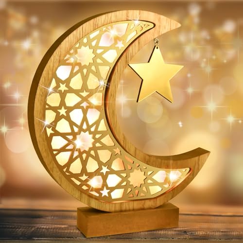 JONRRYIN Ramadan Deko Holz LED, Ramadan Lampe Holz Tischdekoration, Muslim Ramadan Lichterkette Dekoration für Eid Innen Zuhause Geschenk (Star) von JONRRYIN