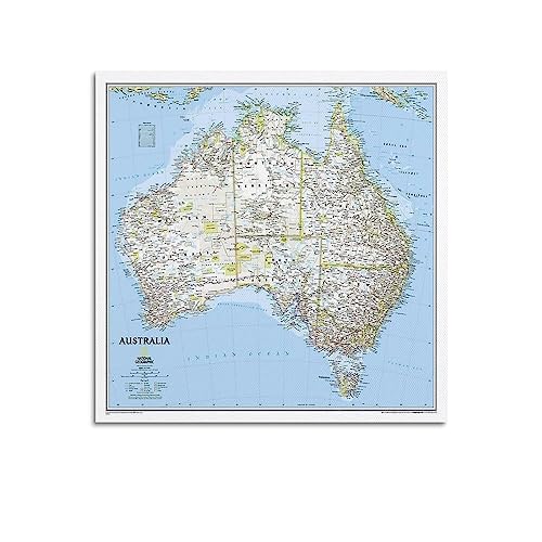 JONZA Karten-Poster, klassische Karte, Ozeanien, Australien, dekoratives Gemälde, Leinwand, Wand- und Kunstbild, Familien-Schlafzimmer, 50 x 50 cm von JONZA