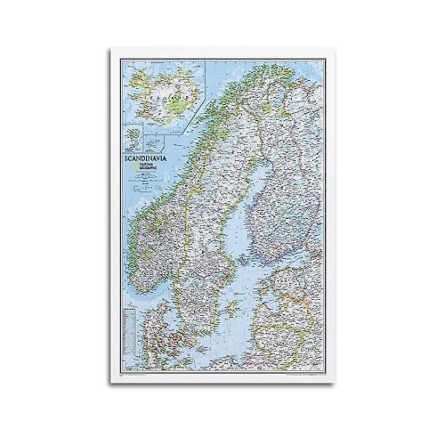 JONZA Landkarten-Poster, Skandinavien, klassische Karte, dekoratives Gemälde, Leinwand, Wand und Kunstbild, Familienschlafzimmer-Dekoration, 30 x 45 cm von JONZA