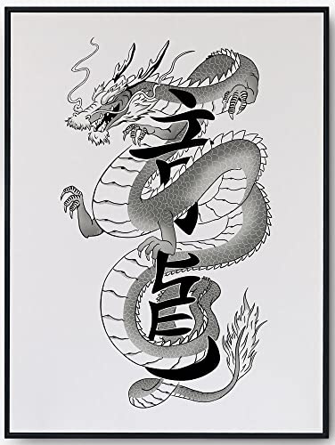JOPRICO Japanese Dragon - Black and White - Japan Poster - Asia Dekoration - Vintage Japan Kunstdruck Größe 30x40 cm | 12x16 inch von JOPRICO