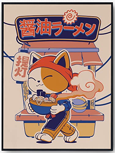JOPRICO Ramen Poster - Katze isst Ramen - Küchendekoration - Küchen Poster - Kinderzimmer Kunstdruck - Japan Poster - Asia Dekoration - Vintage Japan Kunstdruck Größe 30x42cm (A3) von JOPRICO