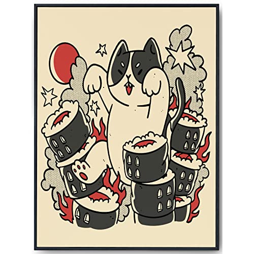 JOPRICO Sushi Poster - Gigantische Katze Sushimonster - Catzilla - vintage Japan Kunstdruck - japanische Wand Deko - Poster Küche von JOPRICO