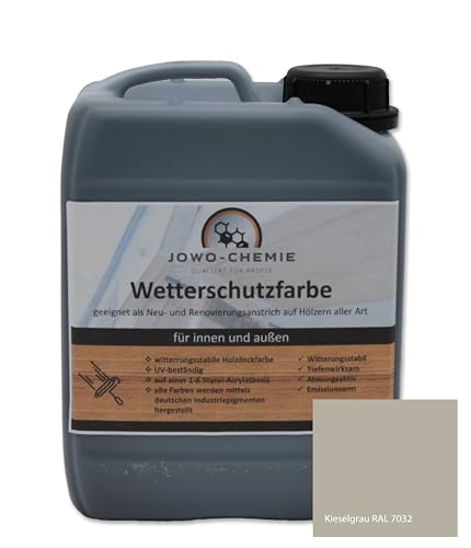 Wetterschutzfarbe (5kg) Holzfarbe Zaunfarbe Gartenfarbe auf Hölzer aller Art große Farbauswahl Acryl-Farbe (Kieselgrau) von JOWO-CHEMIE