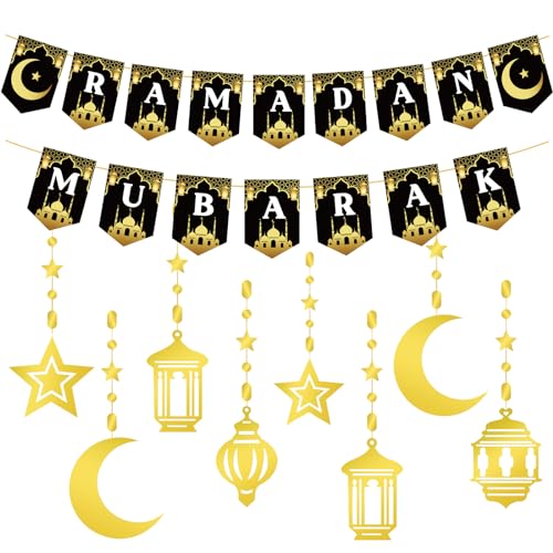 Ramadan Deko, Ramadan Mubarak Banner Stern Mond Laterne Girlande Eid Mubarak Dekoration Set, Ramadan Kareem Deko für Muslim Islamic Party Ramazan Dekor von JOYEASE