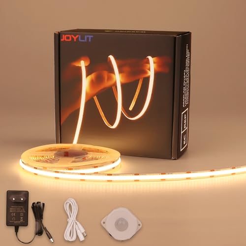 JOYLIT COB LED Streifen mit Bewegungsmelder 5M Warmweiss, Bewegung Aktiviert 12V LED Strip 320LEDs/M 3000K CRI 93 Selbstklebend Licht Band für Schrank,Küche,Wohnzimmer,Schlafzimmer,Treppe von JOYLIT