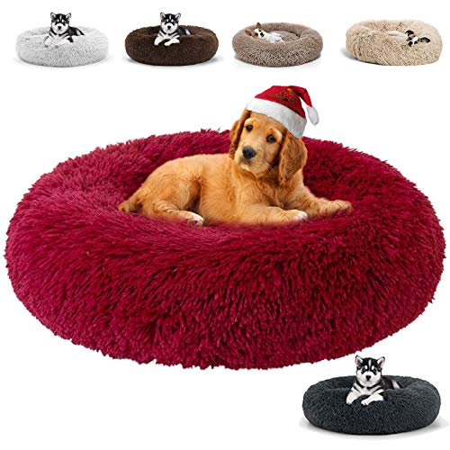 JRUI Hundebett Flauschig für Große Hunde, Rund Plüsch Hundekissen Katzenbett Flauschig Waschbar, Hundesofa Hundekörbchen für Mittelgroße Hunde - Weihnachtsrot 120x120x20cm von JRUI