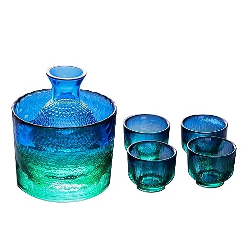 JTBDWOSK 6 Pcs Traditionelle Japanische Sake-Sets aus Glas, 1 Sake-Topf 4 Sake-Becher, Kalt Warm Karaffe für Heißen Sake, Sake-Set mit Stövchen-blau-das ganze Set,Blau von JTBDWOSK