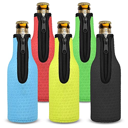 330ml Flasche Flaschenkühler, 5er-Set Bierkühler Bierflaschenkühler mit Reißverschluss Bierflaschenkühlerabdeckungen Cooler Bierflaschen-Isolatoren für Bier, Getränke (Schwarz/Rot/Blau/Gelb/Grün) von JTOOYS