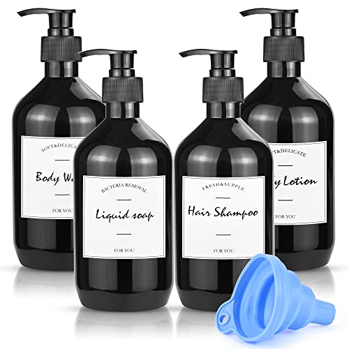 4er Set Seifenspender 500ml Nachfüllbare Leere Shampoo Flaschen mit Etikett & Trichter PET Plastik Seifenspenderflaschen Kunststoff Lotionspender Schwarz Lotion Pumpe Spender für Badezimmer Küche von JTOOYS