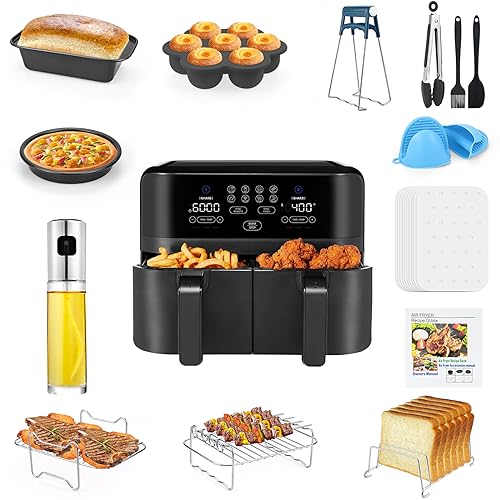 Dual Air Fryer Zubehör, 15 Stück, 304 Edelstahl, Grillrost, kompatibel mit Ninja Foodi AF300UK, AF400UK, Tower T17088, Salter Dual Zone Fritteusen 7,6 l - 9,5 l, inklusive 100 Stück Papiereinsatz von JTOOYS