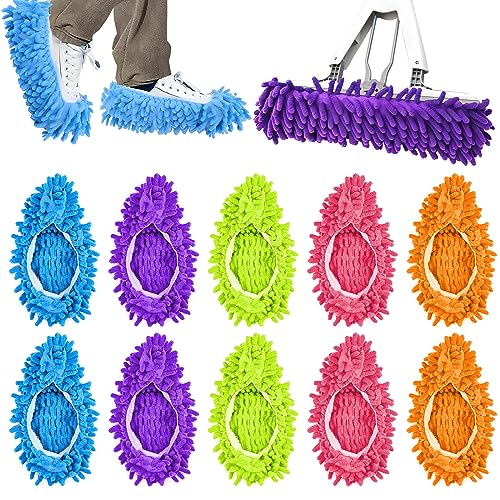 Mop Schuhe, 10 Stück Wischmopp-Hausschuhe für Bodenreinigung Waschbar Wiederverwendbar Wischmopp Hausschuhe Mikrofaser Staub Putzschuhe Reinigungs Mop Schuhe Bodenwischer Hausschuhe -5 Paare, 5 Farben von JTOOYS