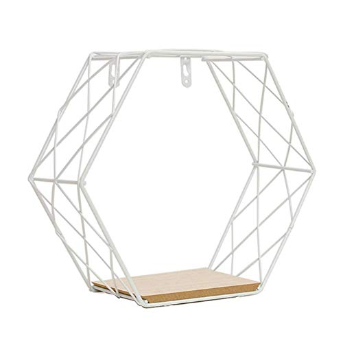 JUNGEN Hexagon Wandregal Küche Metall Wandregal Weiß mit Holz Regal Geometrische Figur An der Wand montiert Regal, für Wohnzimmer, Schlafzimmer, Büro, Küche von JUNGEN