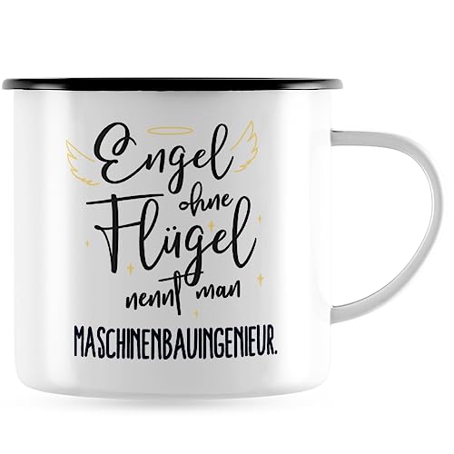 JUNIWORDS Emaille-Tasse, Engel ohne Flügel nennt man Maschinenbauingenieur, Schwarzer Tassenrand (5173601) von JUNIWORDS