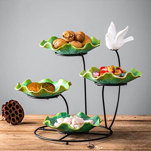 JUNYFFF Obst Etagere Keramik 4 Stöckig Porzellan Obstteller 4 Etagen Obstschale, Mit Obstständer Aus Metall X1- Obstkorb Aus Keramik X4, Fruchtkuchen Stehen, Für Obst, Kuchen von JUNYFFF