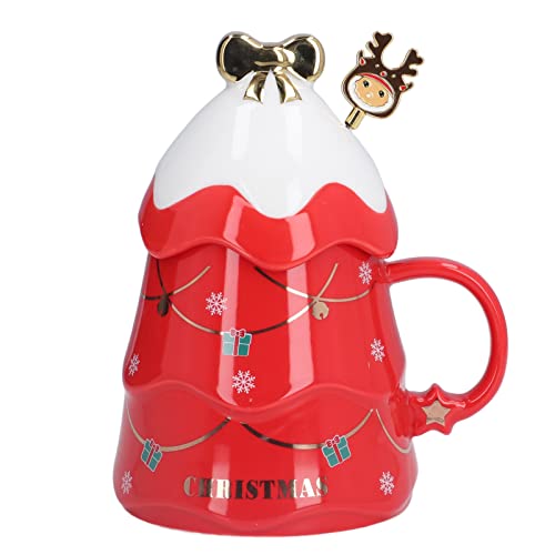 Weihnachtliche Keramiktasse, 500 Ml, Großes Fassungsvermögen, Süße Weihnachtstasse mit Deckel und Löffel, Tasse in Weihnachtsbaumform, Weihnachtskaffeetasse,(Rot mit Deckel und Rührlöffel) von JUOPZKENN