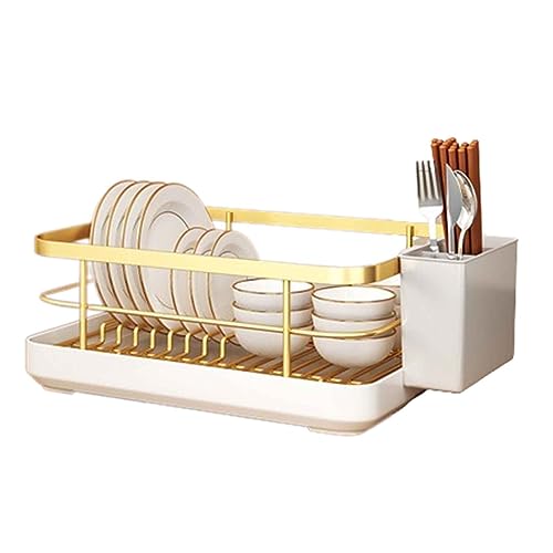 JUSHZ Abtropfgestell Geschirr Geschirrabtropfgestell Dish Rack Geschirrständer Abtropfhalter Ständer Geschirrablage Abtropfständer Besteckkorb Starke Tragfähigkeit Abtropfschale ABS (Gold 34x26x15CM) von JUSHZ