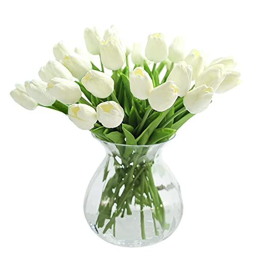 JUSTOYOU 10 STK PU Real Touch Latex Künstliche Tulpen Gefälschte Tulpen Blumen Blumensträuße Blumen Arrangement für Home Room Hochzeitsstrauß Party Herzstück Dekor Weiß von JUSTOYOU