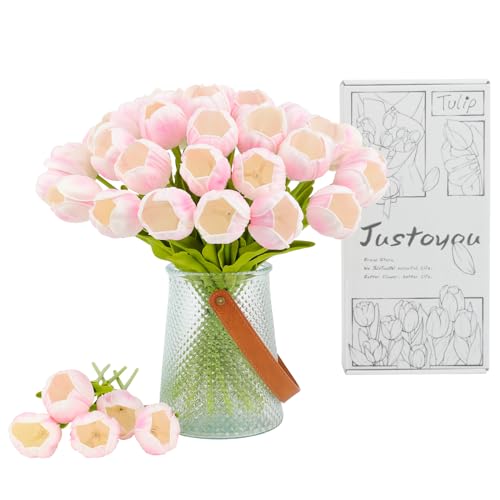 JUSTOYOU 15pcs künstliche Seide Rosa Tulpenblumen mit Stängeln, Real Touch Latex gefälschte Tulpen Blumen in Box, Tulpe künstliche Blume für Hochzeit Home Garten Dekoration (Rosa-15) von JUSTOYOU