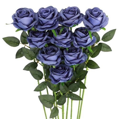 JUSTOYOU Künstliche Rosen aus Seide, 10 Stück, einzelner Stiel, künstliche Rosen für Zuhause, Party, Hochzeit, Blumenstrauß (Nebelblau) von JUSTOYOU
