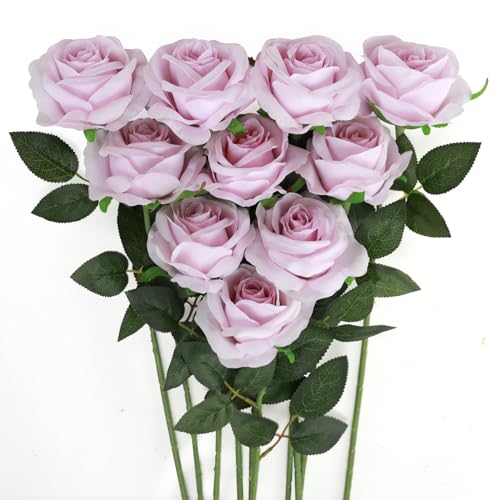 JUSTOYOU Künstliche Rosen aus Seide, 10 Stück, einzelner Stiel, künstliche Rosen für Zuhause, Party, Hochzeit, Blumenstrauß (hellviolett) von JUSTOYOU