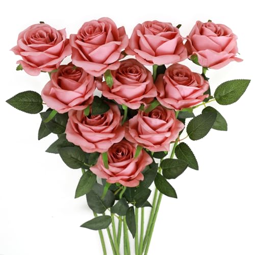 JUSTOYOU Künstliche Rosenblüten aus Seide, Einzelstiel, für Zuhause, Party, Hochzeit, Blumenstrauß (Bohnenpaste, rosa) 10 Stück von JUSTOYOU