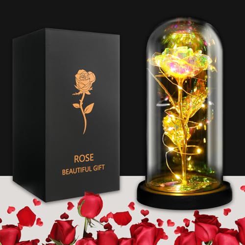 JUSTOYOU Rosen-Geschenke für Frauen, Mütter, Ehefrau, bunte künstliche Rosen, Geschenke für Frauen, für immer in Glaskuppel, Regenbogen-Rose für Geburtstag, Weihnachten, Muttertag, Dekorationen (Gold) von JUSTOYOU