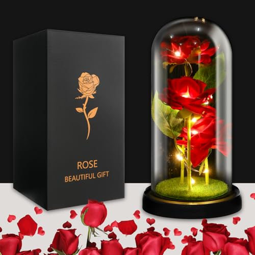 JUSTOYOU Rosen-Geschenke für Frauen, Mütter, Ehefrau, bunte künstliche Rosen, Geschenke für Frauen, für immer in Glaskuppel, Regenbogen-Rose für Geburtstag, Weihnachten, Muttertag, Dekorationen (3 von JUSTOYOU