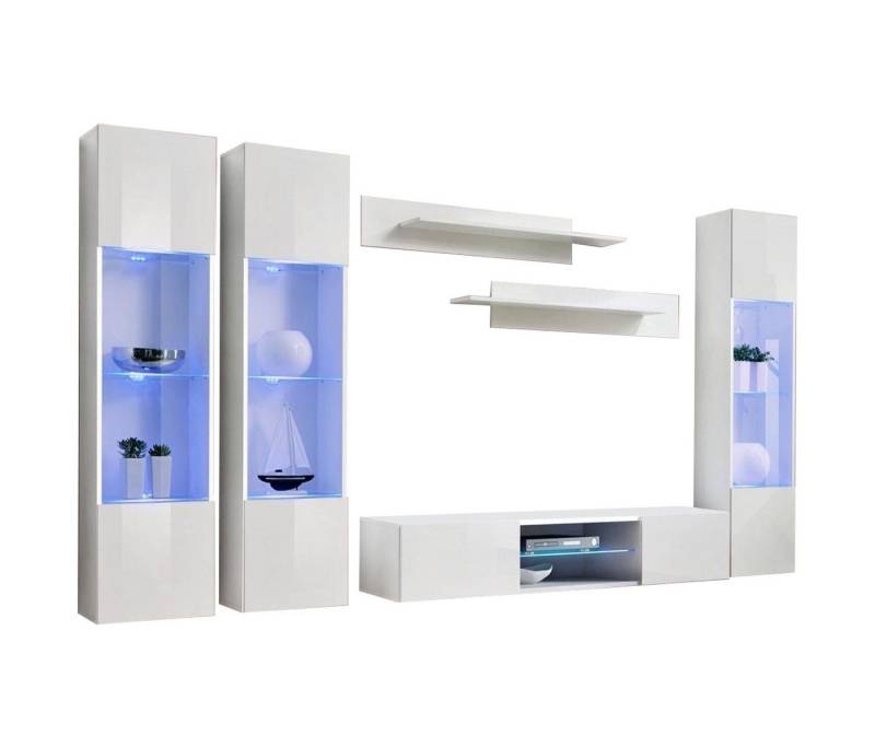 JVmoebel Wohnzimmer-Set Modern Wohnwand Weiß Stil Designer TV Ständer Hänge Vitrine Luxus, (7-St., 1x Wohnwand + 1x TV Ständer + 3x Hänge Vitrine + 2x Wandregal), Made in Europa von JVmoebel