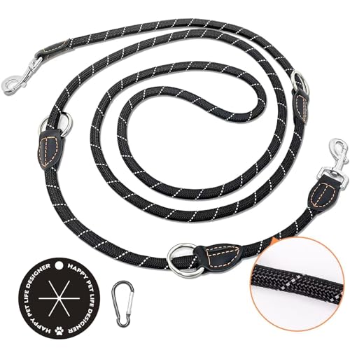 Hundeleine 3m Verstellbare mit 2 Karabiner, Umhängeleine/Doppelleine perfekt für große Hunde mit komfortablem gepolstertem Griff und hoher reflektierender Linie, mit Hund Poop Bag Halter(Schwarz) von JXAXD