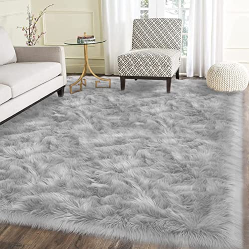 JXLOULAN Faux Lammfell Schaffell Teppich Grau 120x180 cm, Weicher Flauschiger Teppich Wohnzimmer Deko, Longhair Fell Lammfellimitat Carpet für Stühle Sofa Schlafzimmer Kinderzimmer von JXLOULAN